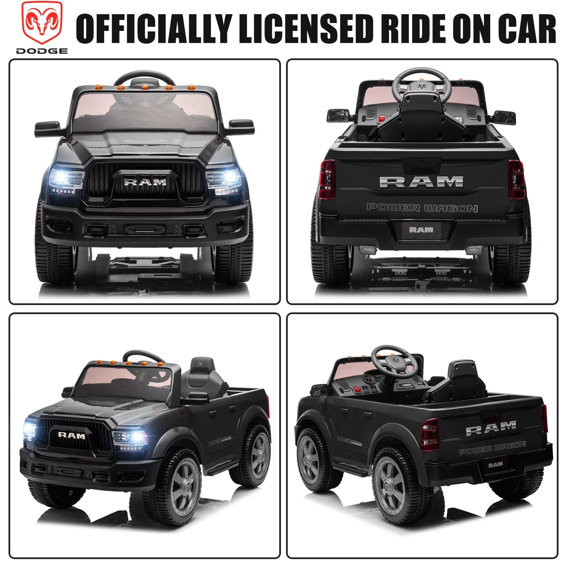 Dodge RAM Ride on Car, 12V Powered Ride on Toy with Remote Control, Rear Wheel Suspension, 5 Point Safety Belt, MP3 Player, Bluetooth, LED Lights, Electric Vehicles for 3-8 Years Boys Girls, Black