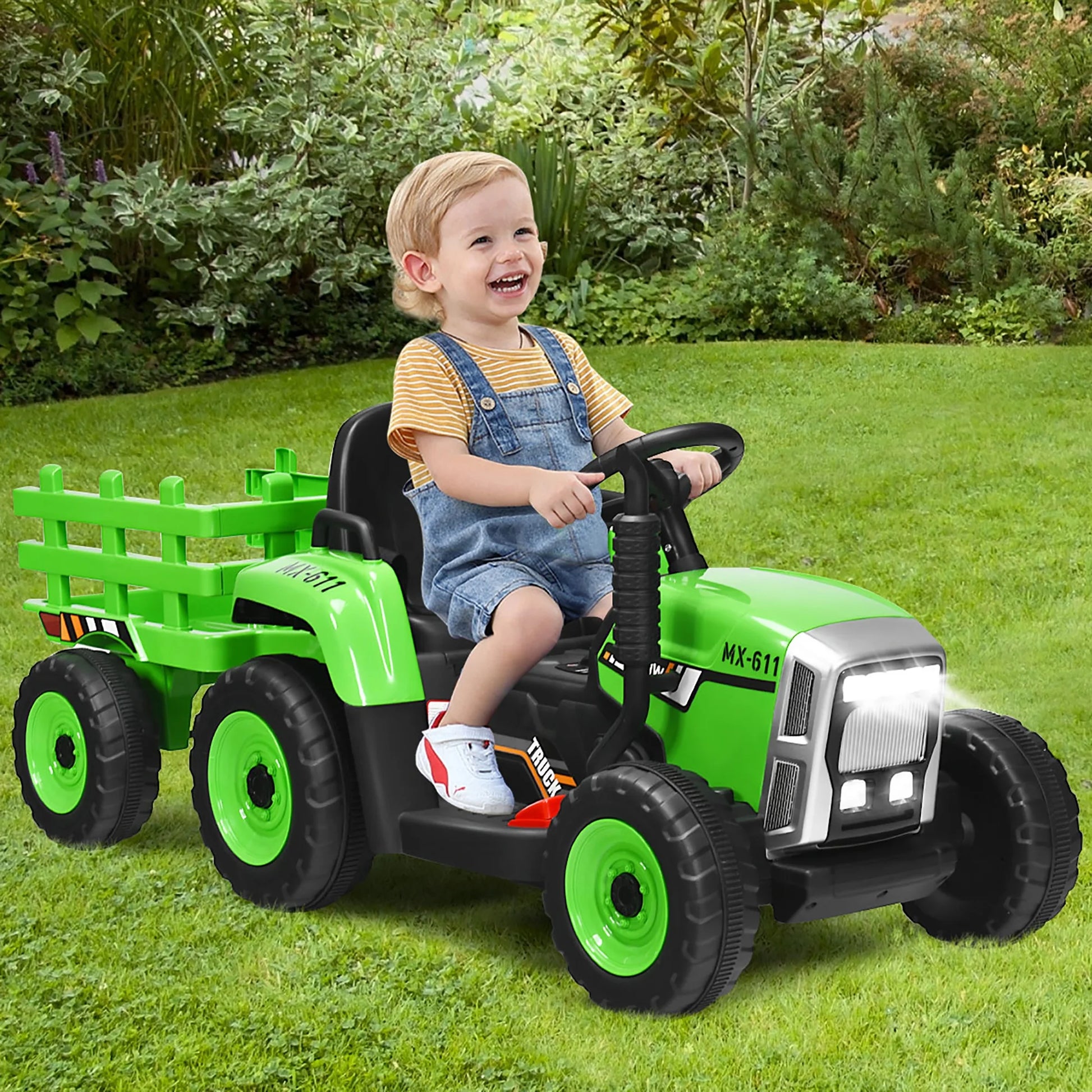 12V Kids Ride on Tractor with Trailer Ground Loader W/Remote Control &LED Lights