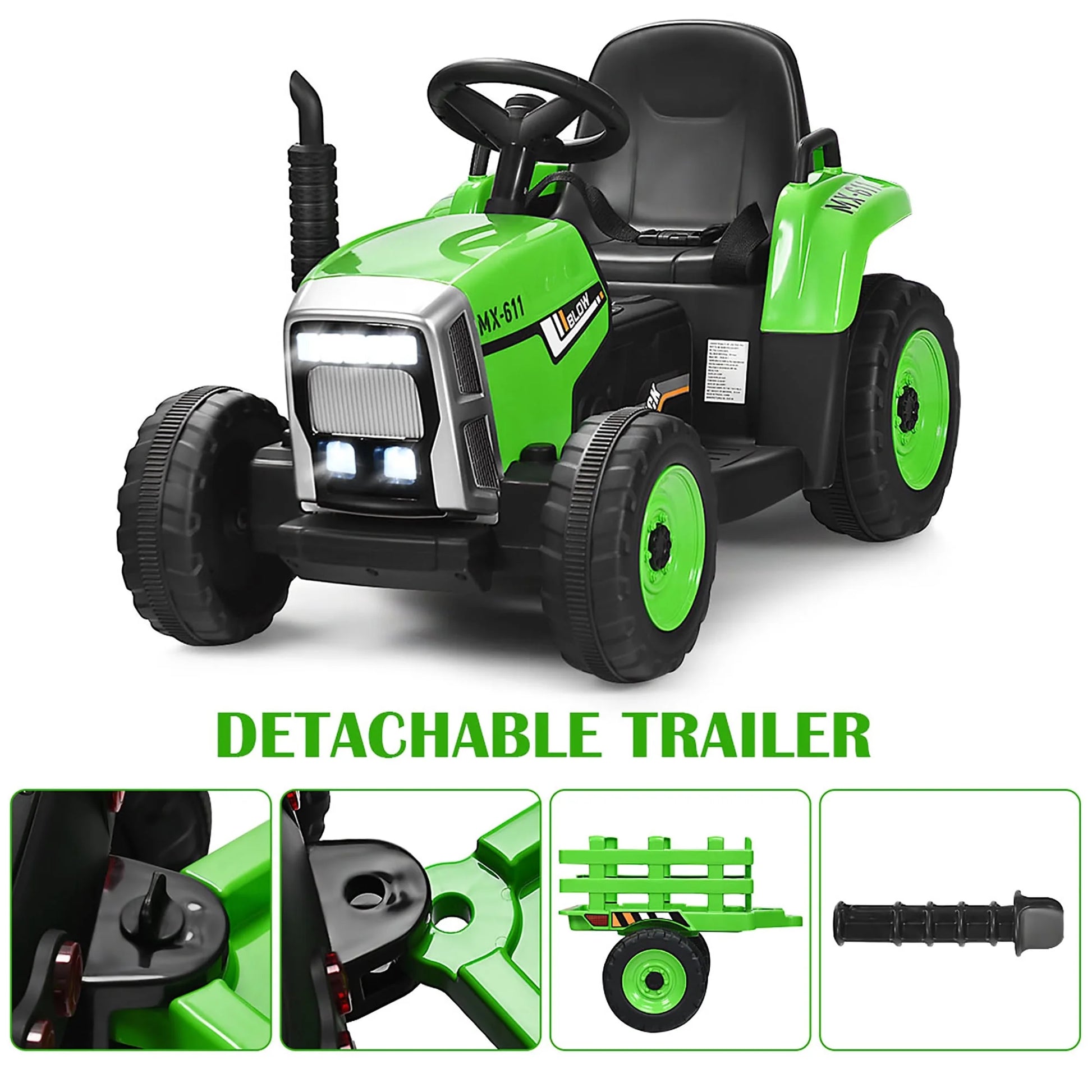 12V Kids Ride on Tractor with Trailer Ground Loader W/Remote Control &LED Lights