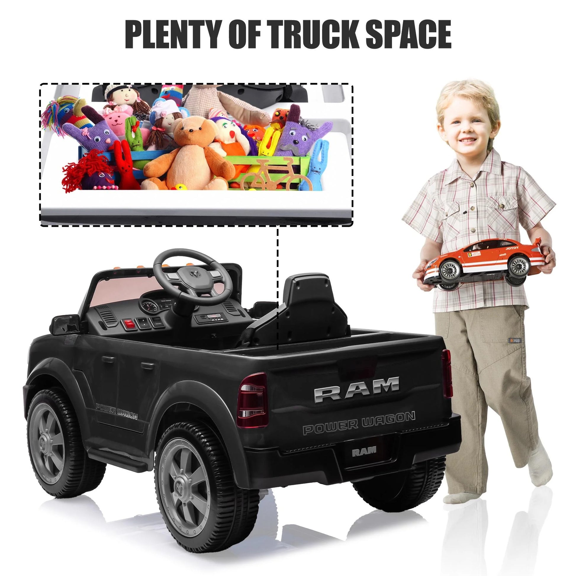 Dodge RAM Ride on Car, 12V Powered Ride on Toy with Remote Control, Rear Wheel Suspension, 5 Point Safety Belt, MP3 Player, Bluetooth, LED Lights, Electric Vehicles for 3-8 Years Boys Girls, Black