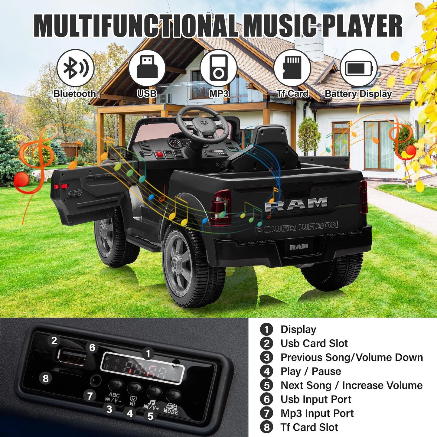 Dodge RAM Ride on Car, 12V Powered Ride on Toy with Remote Control, Rear Wheel Suspension, 5 Point Safety Belt, MP3 Player, Bluetooth, LED Lights, Electric Vehicles for 3-8 Years Boys Girls, Black