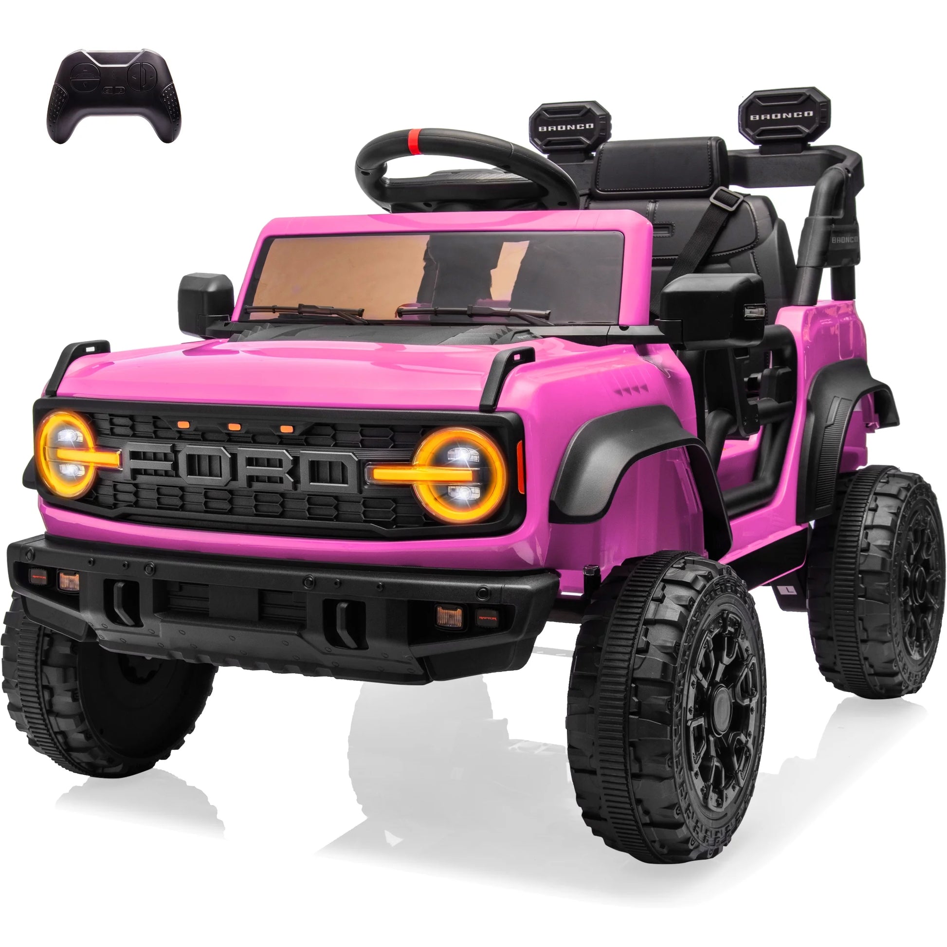 Ford Bronco Raptor 12V Powered Ride on Truck Toys, Kids Electric Car with Remote with Remote Control, Bluetooth, LED Light, Spring Suspension, 3 Speeds, 4 Wheelers, Pink