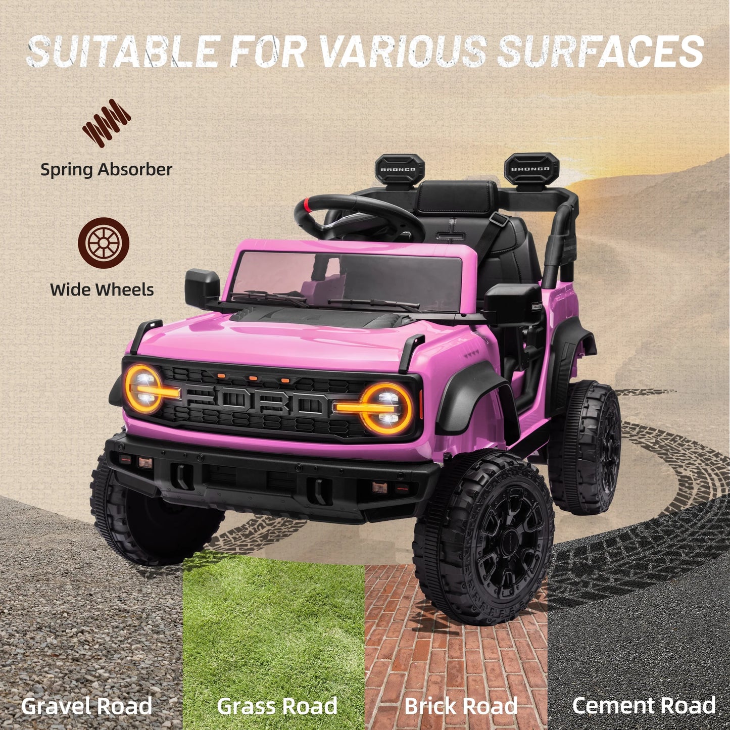 Ford Bronco Raptor 12V Powered Ride on Truck Toys, Kids Electric Car with Remote with Remote Control, Bluetooth, LED Light, Spring Suspension, 3 Speeds, 4 Wheelers, Pink